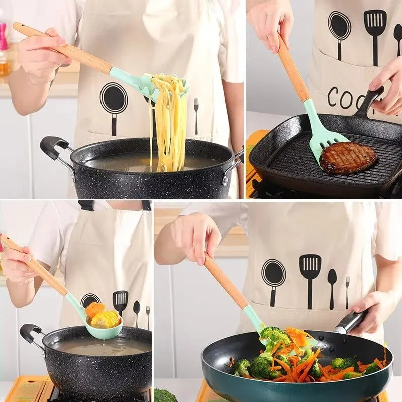 12 পিস Silicone রান্নার সরঞ্জাম | কাঠের হাতল | Non-stick পাত্রে নিরাপদ | Heat Resistant | Complete Kitchen Set