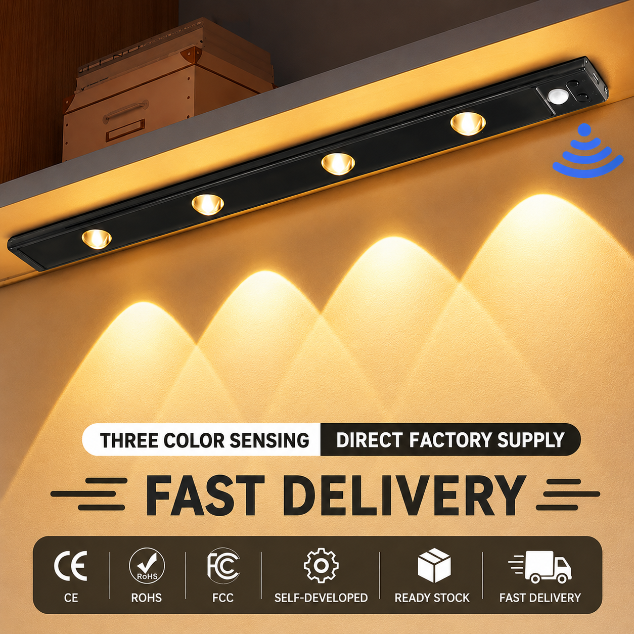 Smart Motion Sensor LED Light Bar (4 LED Bulbs) – Wireless Cabinet & Wardrobe Light