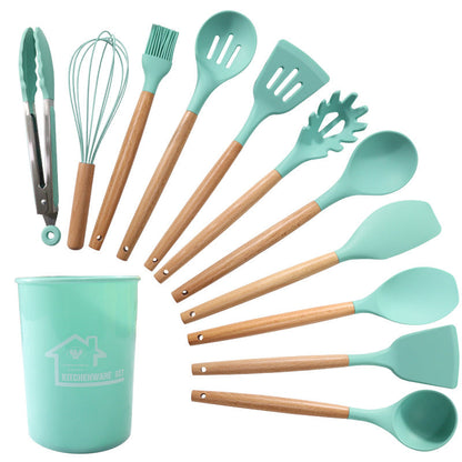 12 পিস Silicone রান্নার সরঞ্জাম | কাঠের হাতল | Non-stick পাত্রে নিরাপদ | Heat Resistant | Complete Kitchen Set