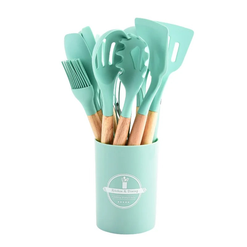 12 পিস Silicone রান্নার সরঞ্জাম | কাঠের হাতল | Non-stick পাত্রে নিরাপদ | Heat Resistant | Complete Kitchen Set